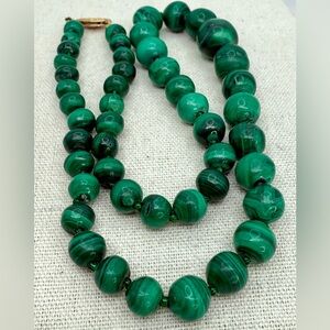 Graduated Natural Malachite Necklace 16” 14K Gold Filled Clasp 56g glass spacers
